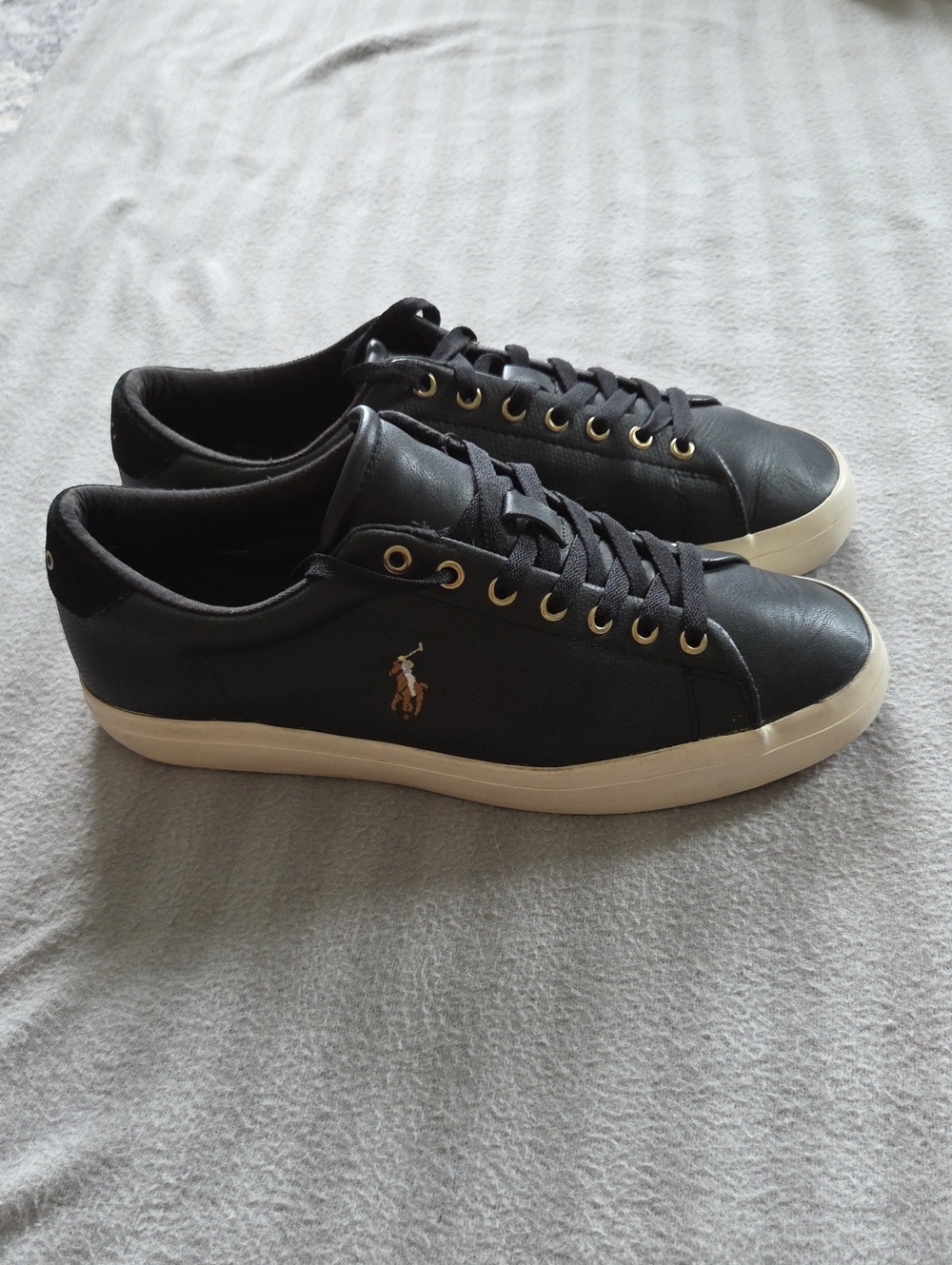 Polo by Ralph Lauren Men’s Black Leather Sneakers with White Sole